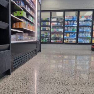 Challenge service station NZ Grinders Muros panels polished concrete grind king megafloor Industrial polished concrete floor service station Tauranga NZ Grinders Challenge Tauriko
