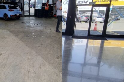 electric car showroom ebbets polished concrete floor before and after nz grinders Before and after Workshop polished concrete floor Tauranga NZ Grinders