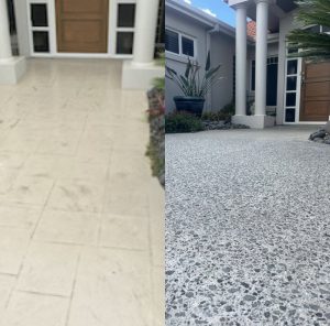 IMG_7943 Before and after images of a yellow stamped concrete driveway transformed to a bush hammered driveway with stone exposure