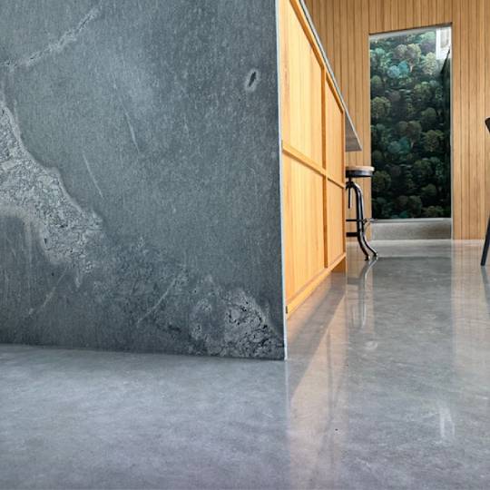 Marble finish kitchen floor Tauranga NZ Grinders Marble Exposure polished concrete NZ Grinders Warehouse Tauranga residential floor