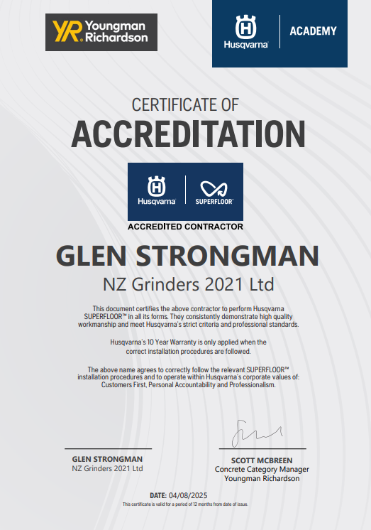 NZ Grinders Husqvarna Accreditation Superfloor certificate Husqvarna Certificate of Accreditation Superfloor NZ Grinders